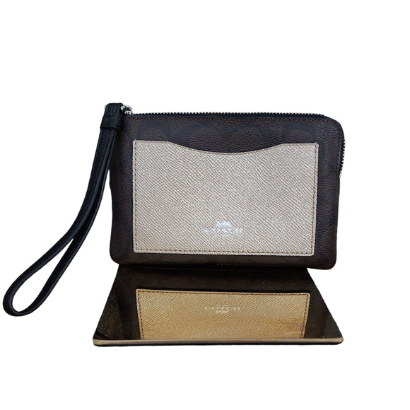 Coach Wristlet F22713 Brown Black Platinum Sig C Corner Zip - Picture 2 of 8